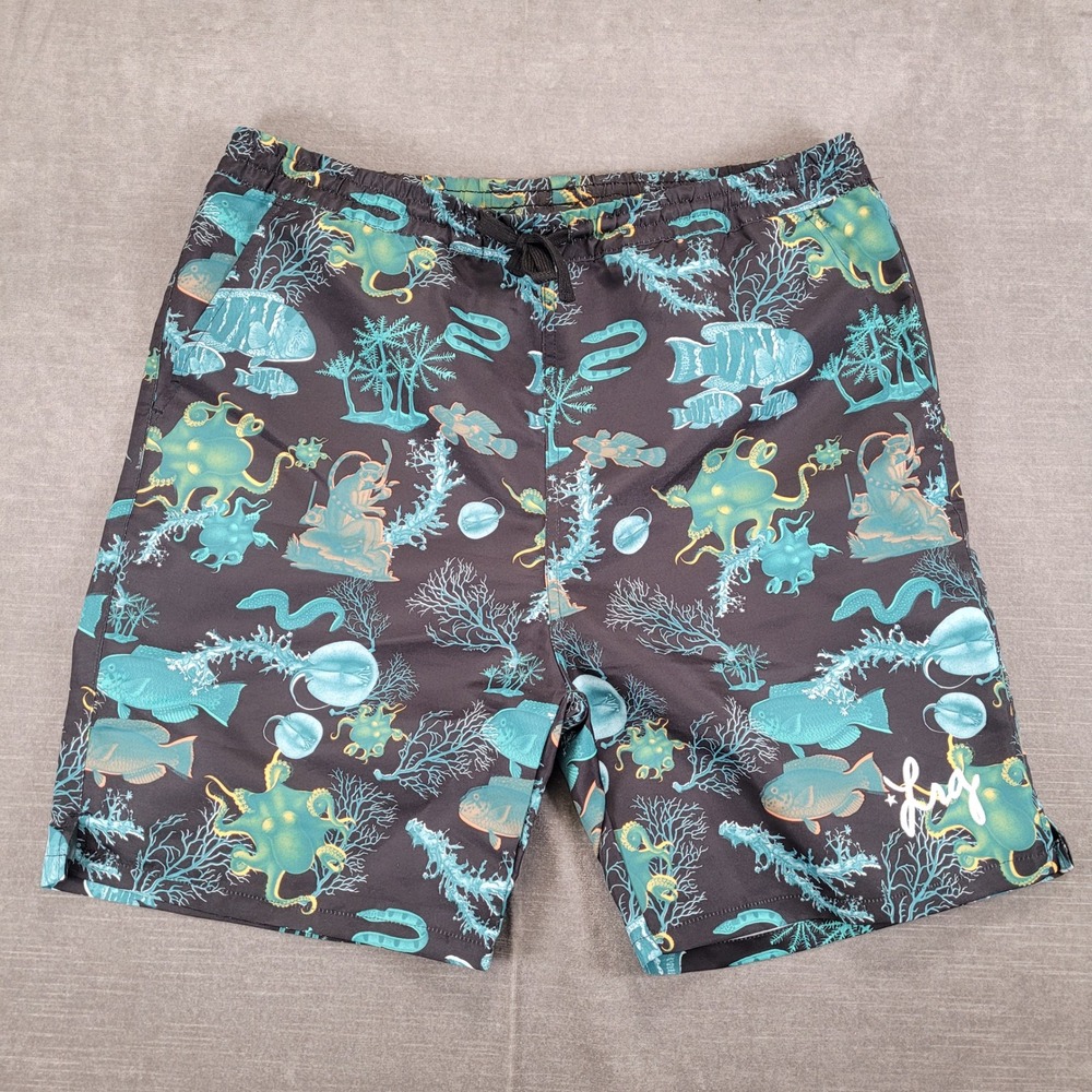 LRG Lifted Research Group Mens Swim Trunks Board Shorts Black‎ Print Sz Large